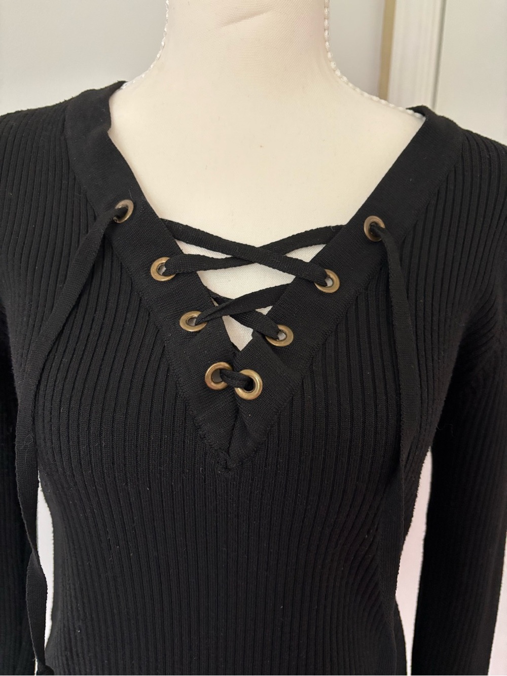Poof Apparel Black Ribbed Lace-Up V-Neck Long Sleeve Top
